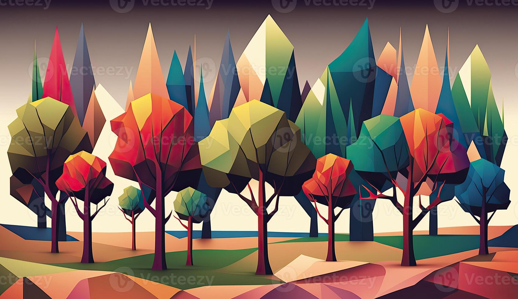 ai genererad. generativ ai. låg poly skog träd mönster. eco inspirerad. grafisk konst illustration. foto