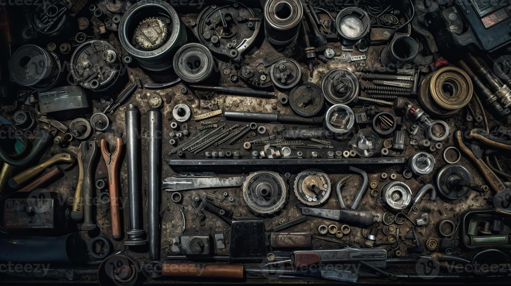 ai genererad. generativ ai. retro årgång bil service mekaniker garage verktyg Utrustning smattra. kan vara Begagnade för affär dekoration. grafisk konst illustration. foto