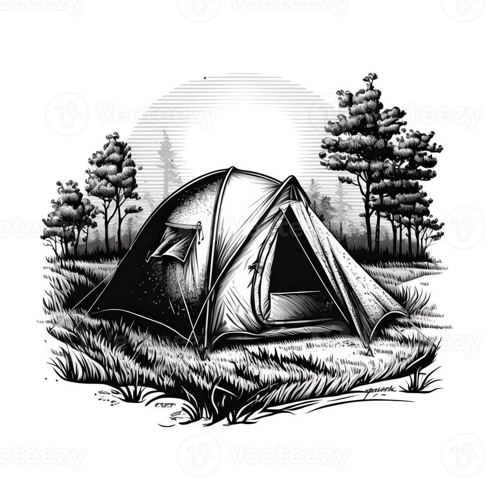 ai genererad. generativ ai. årgång retro camping tält i gravyr stil. äventyr resa resa motiverande affisch. kan vara Begagnade för dekoration och inspiration. grafisk konst illustration. foto