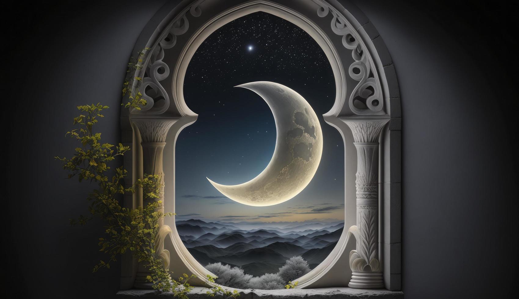 mystisk fönster med halvmåne måne i natt himmel, islamic hälsning eid mubarak för muslim högtider. eid-ul-adha festival firande. arabicum ramadan kareem, generera ai foto
