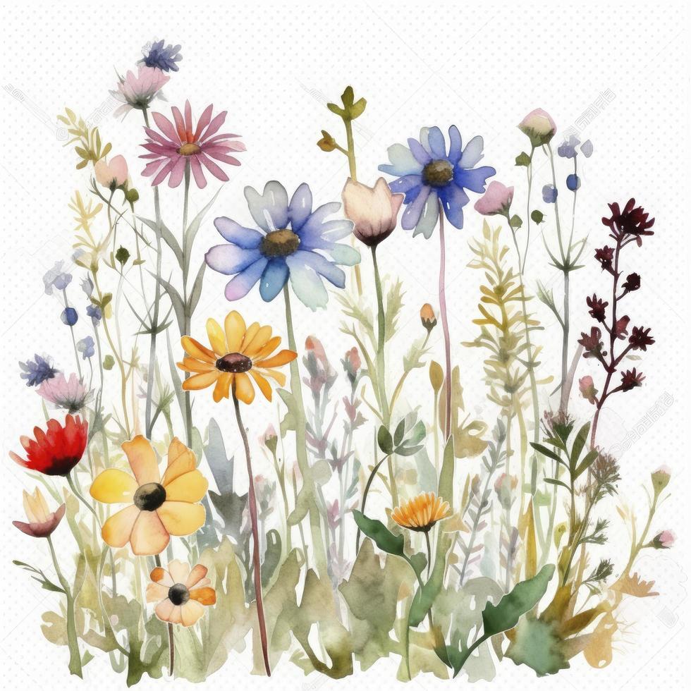 fri äng blommor vattenfärg och pastell Färg på vit bakgrund , generera ai foto