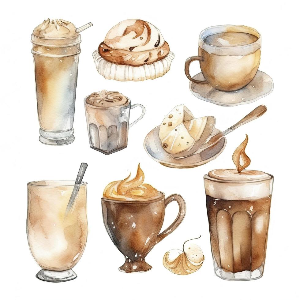 vattenfärg skiss av söt kaffe dryck objekt på vit bakgrund, generera ai foto