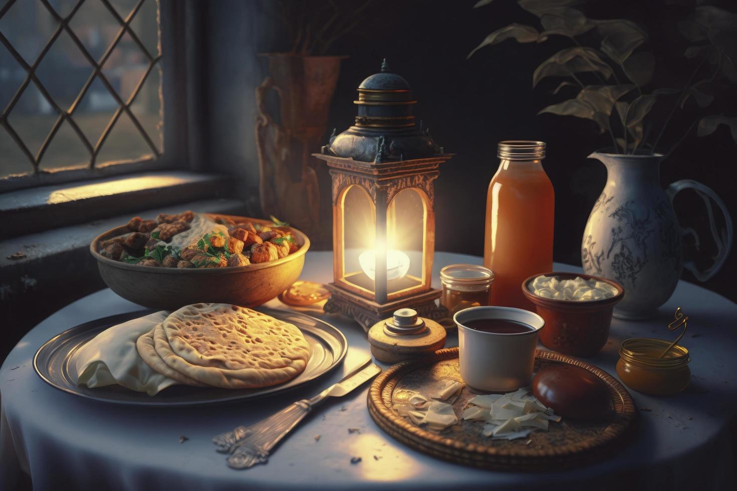 ramadan iftar mat, iftar måltider och sammankomster, ramadan iftar eid. muslim familj har middag på Hem. tabell med traditionell mat. eid al-fitr firande, generera ai foto