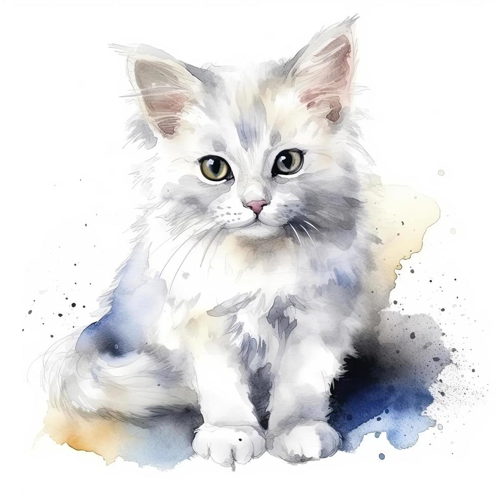 söt fluffig vattenfärg av en vit kat pott med massa av Plats runt , generera ai foto