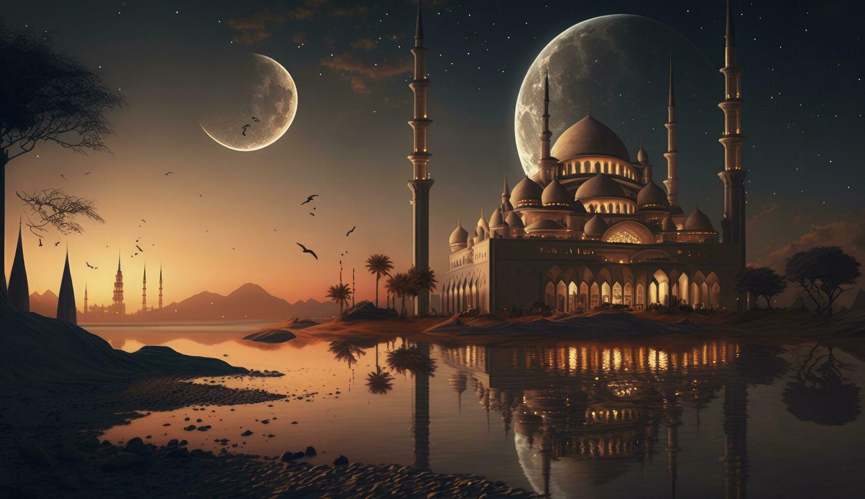 Fantastisk arkitektur design av muslim moské ramadan begrepp, illustration av Fantastisk arkitektur design av muslim moské ramadan begrepp, generera ai foto