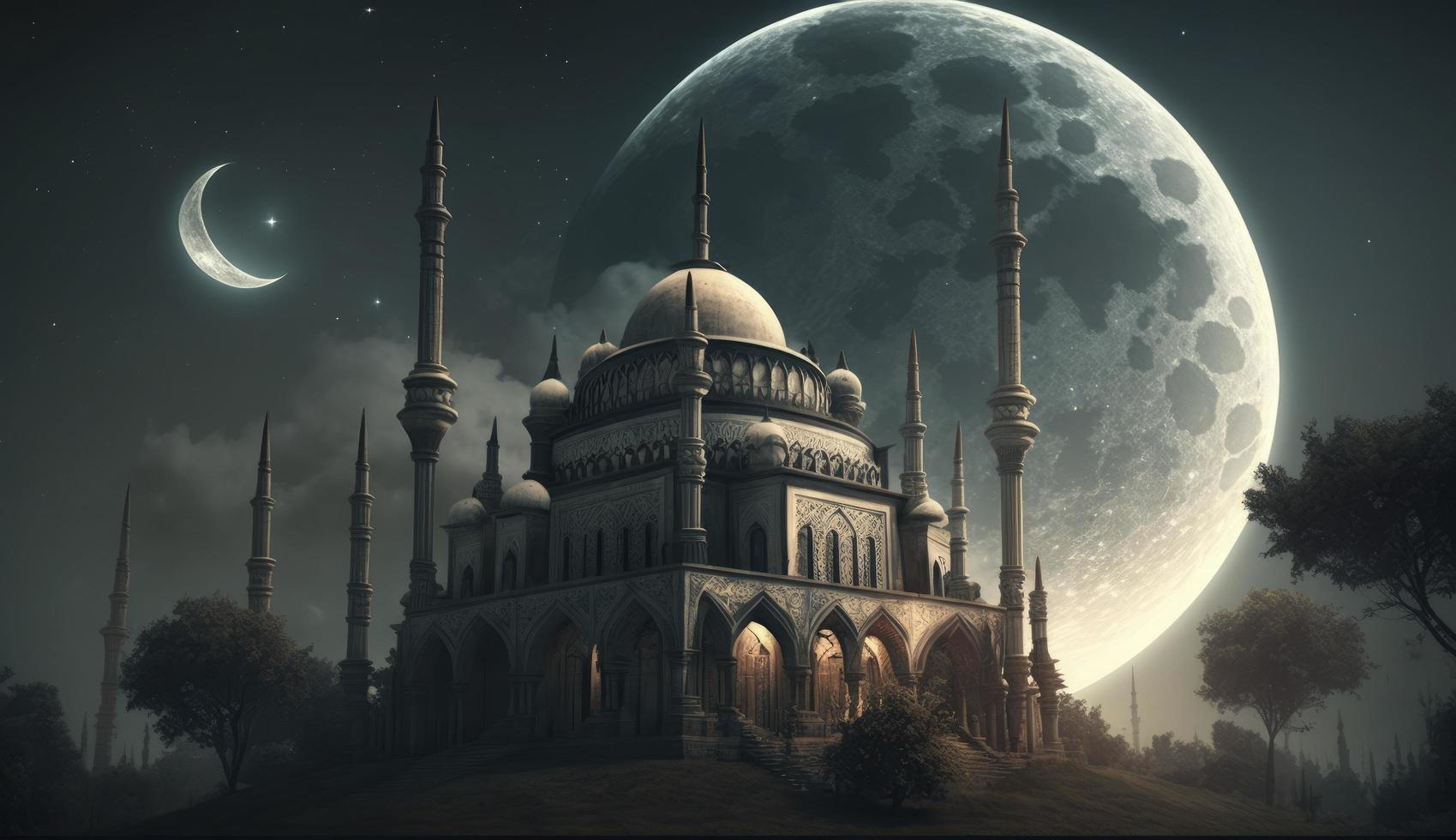 3d illustration av Fantastisk arkitektur design av muslim moské ramadan begrepp, illustration av Fantastisk arkitektur design av muslim moské ramadan begrepp, generera ai foto