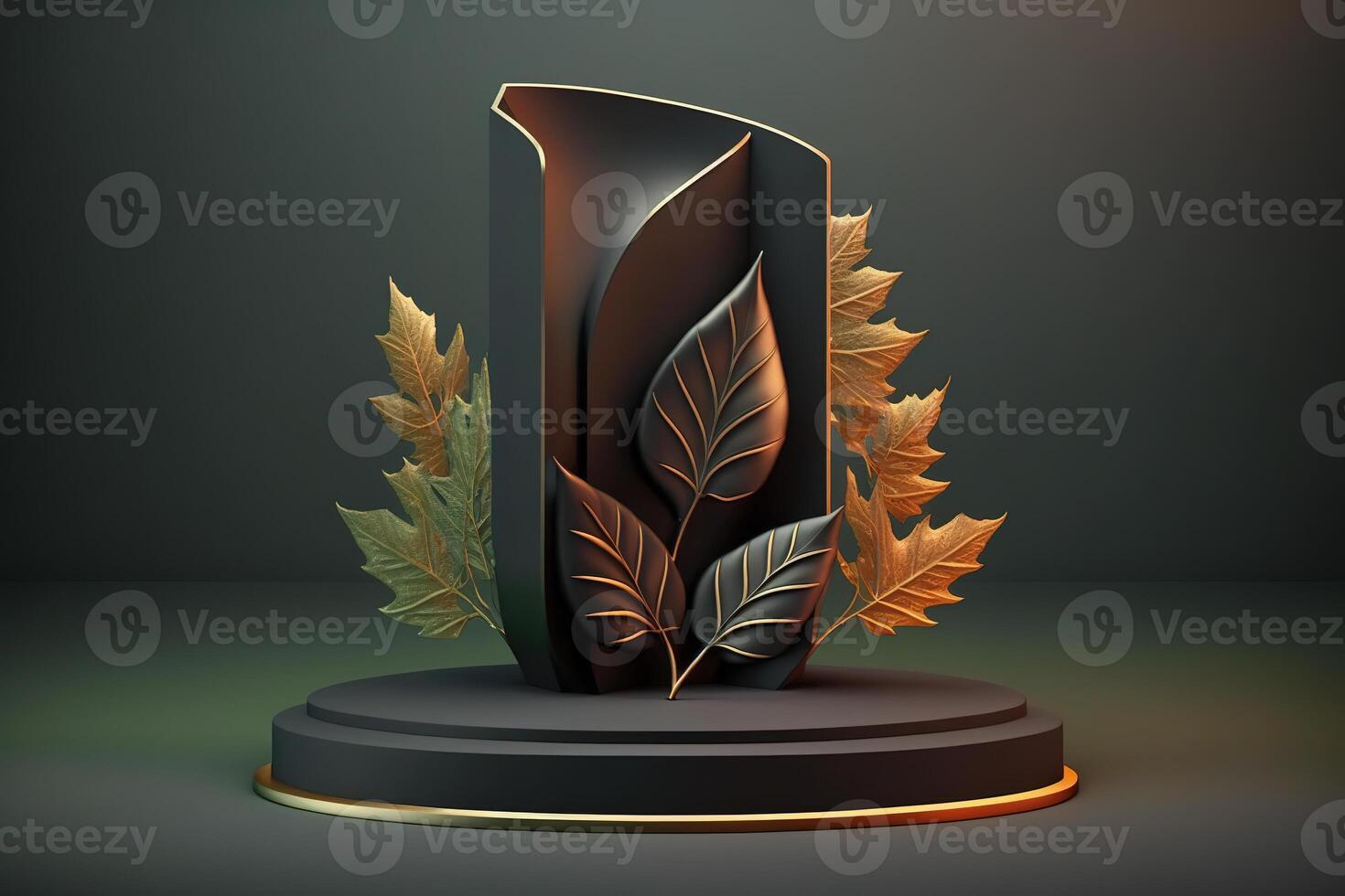 realistisk 3d lyx podium med löv och gyllene element för kosmetisk eller mode produkt visa. ai genererad foto