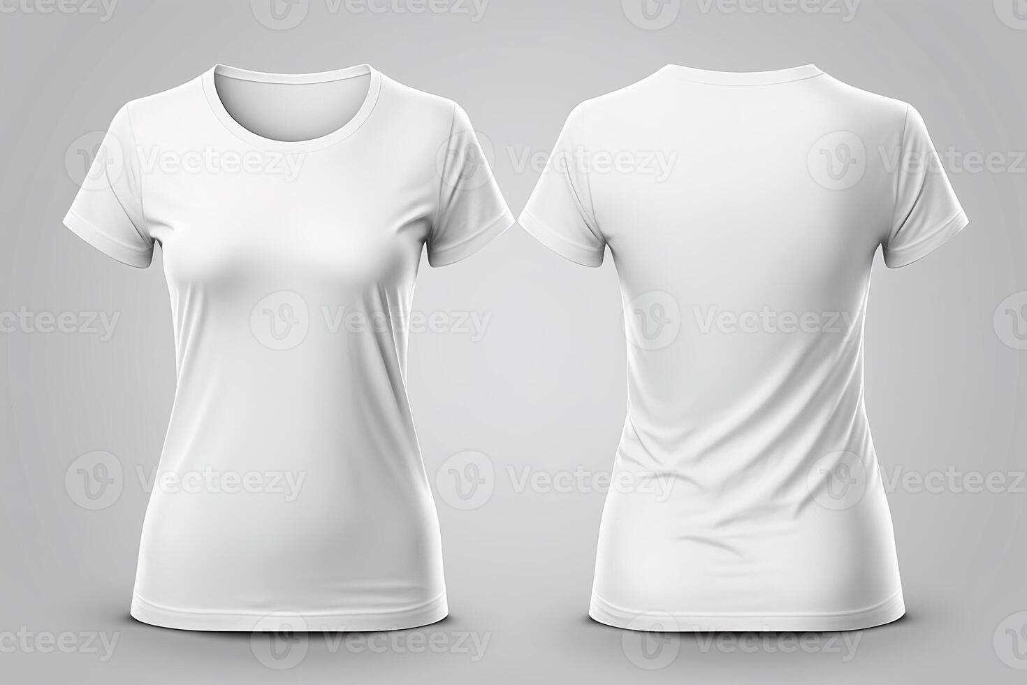 Foto realistisk kvinna vit t-tröjor med kopia Plats, främre och tillbaka se.