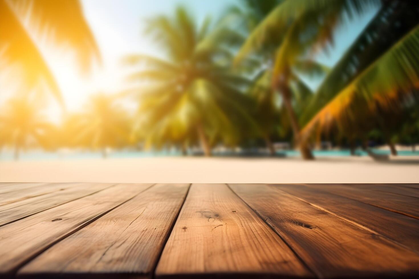 tabell i främre av suddig tropisk strand av sommar tid bakgrund. ai genererad foto