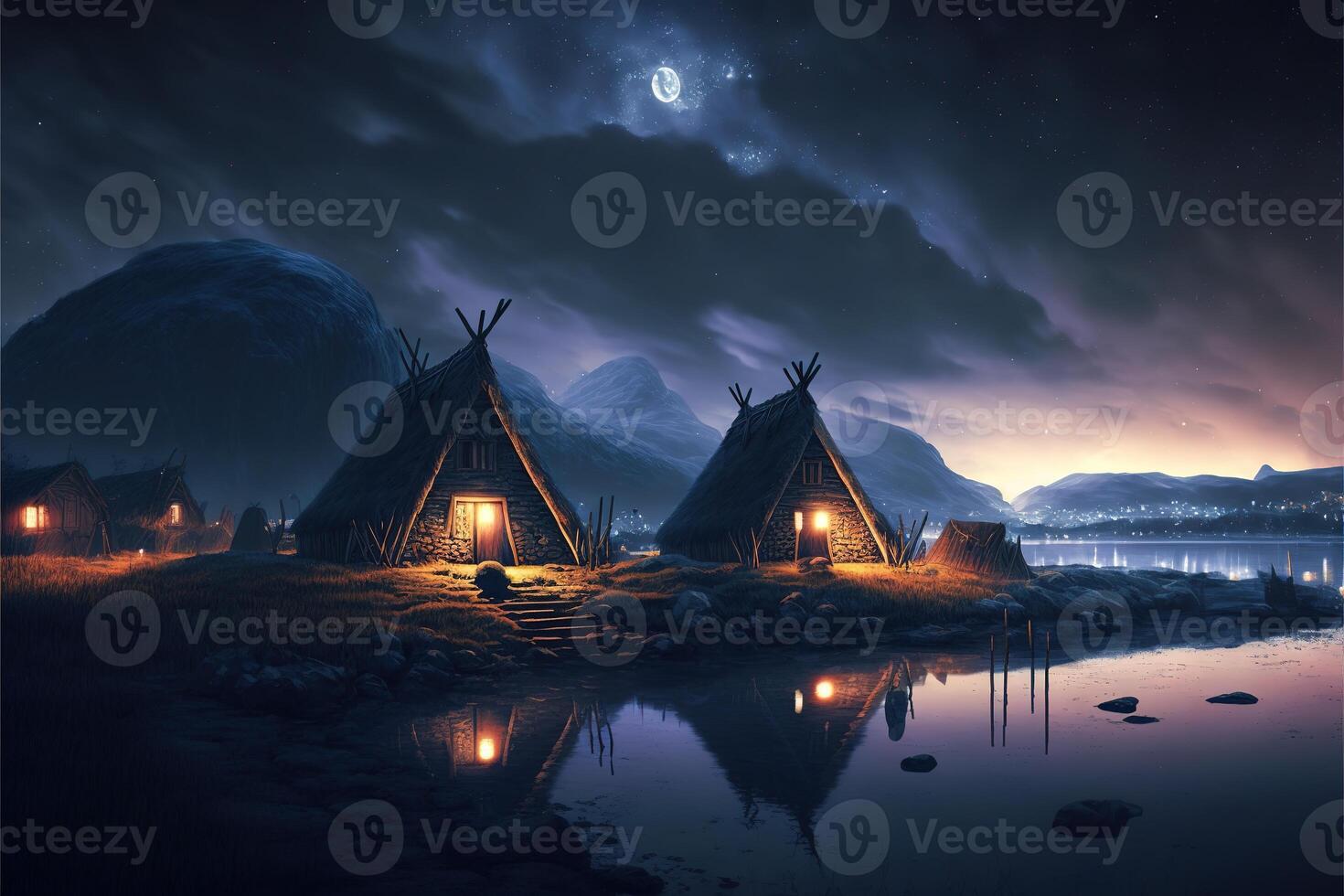 viking hus i en viking landskap förbi ai genererad foto