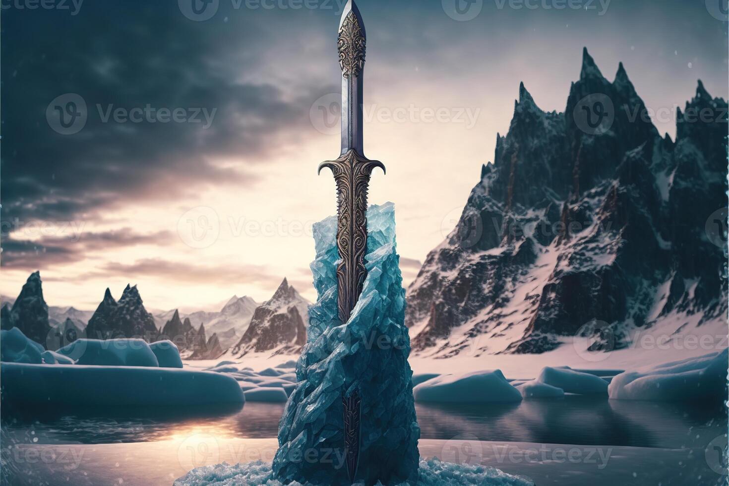 kraftfull frysta svärd fastnat i sten på vinter- landskap förbi ai genererad foto