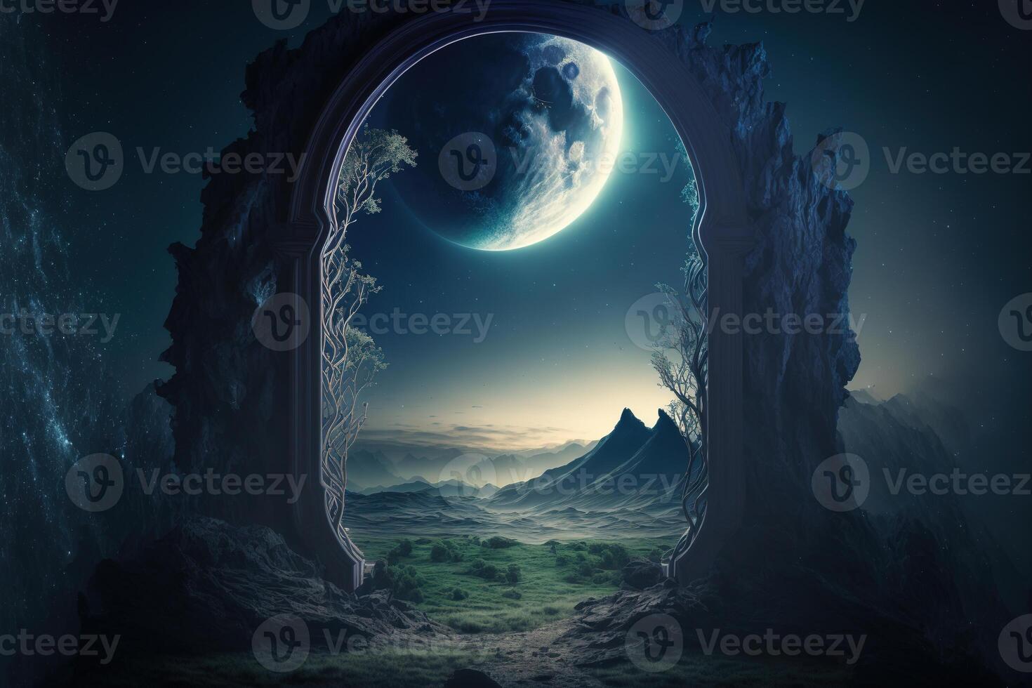 fantasi nattetid scen framtida med abstrakt ö månsken förbi ai genererad foto