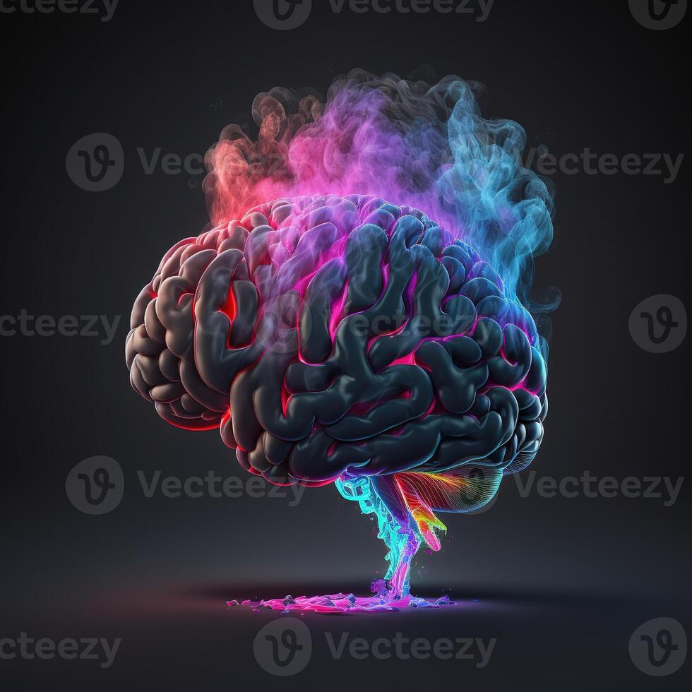 flytande hjärna rgb neon rök bakgrund förbi ai genererad foto