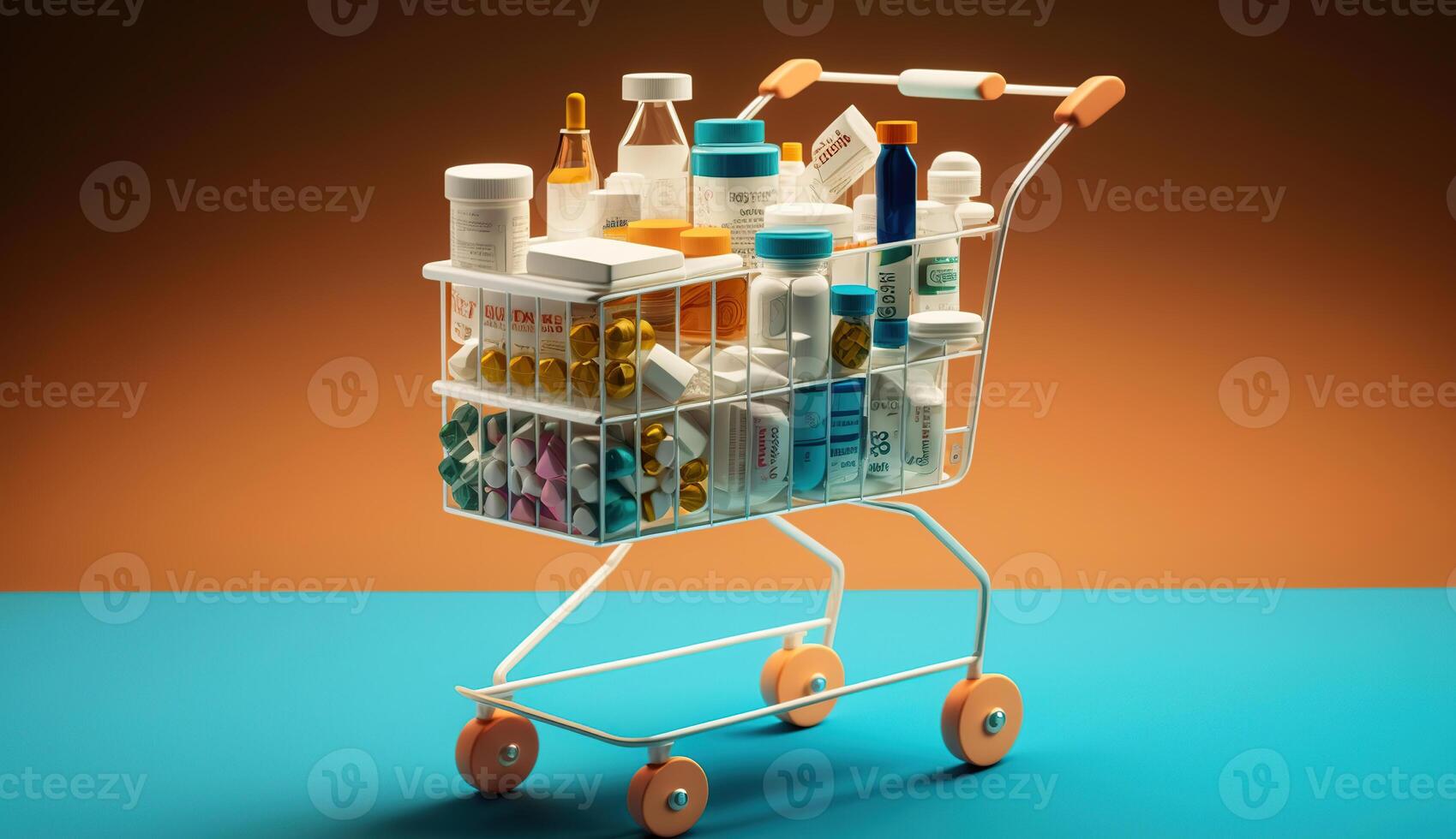 köpa och handla medicin begrepp. olika kapslar, tabletter och medicin i affär vagn, generativ ai foto