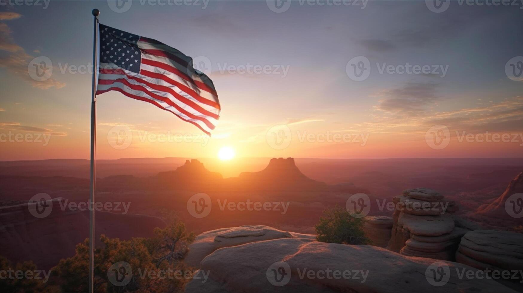 förenad stater av Amerika flagga vinka i de vind på solnedgång ai genererad konstverk foto