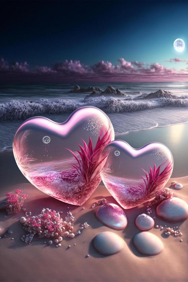 på de silver- strand. där är två transparent rosa små hjärta. generativ ai. foto