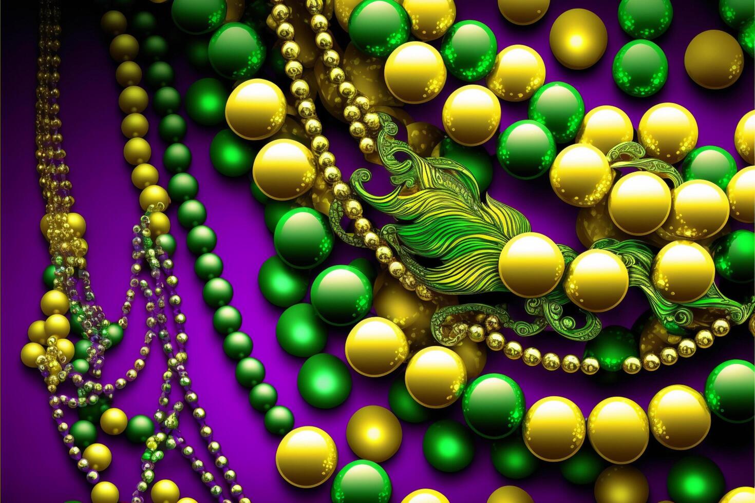 mardi gras karneval dekoration pärlor gul grön purp . generativ ai foto