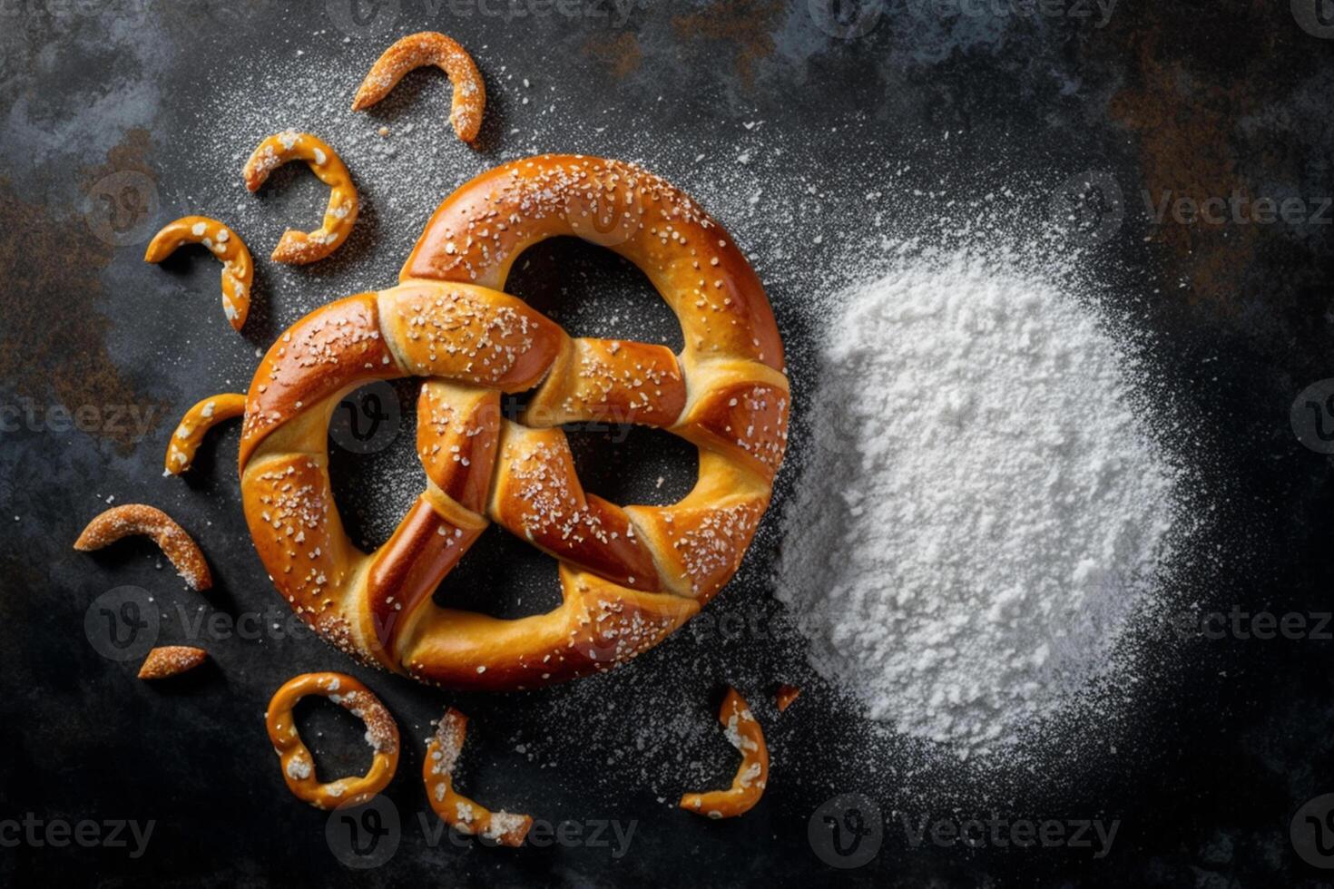 färsk bakad hemlagad pretzel med hav salt klassisk öl mellanmål. topp se platt lägga ai genererad foto