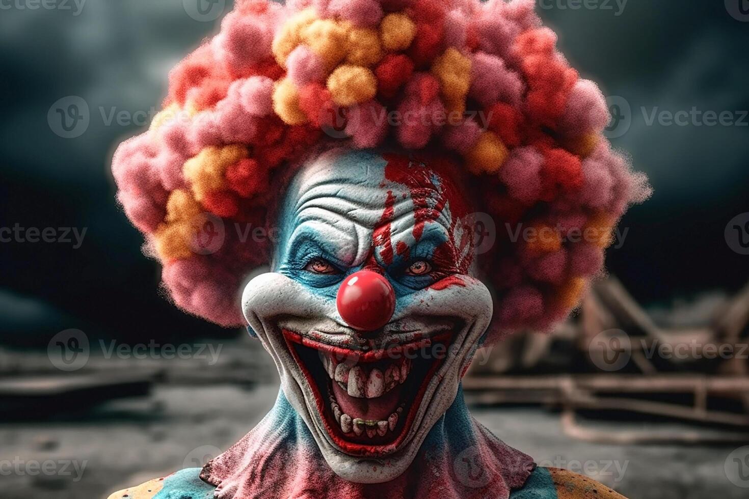 en kärn explosion, en skrattande clown med färgrik hår i de form av ett explosion. generativ ai foto