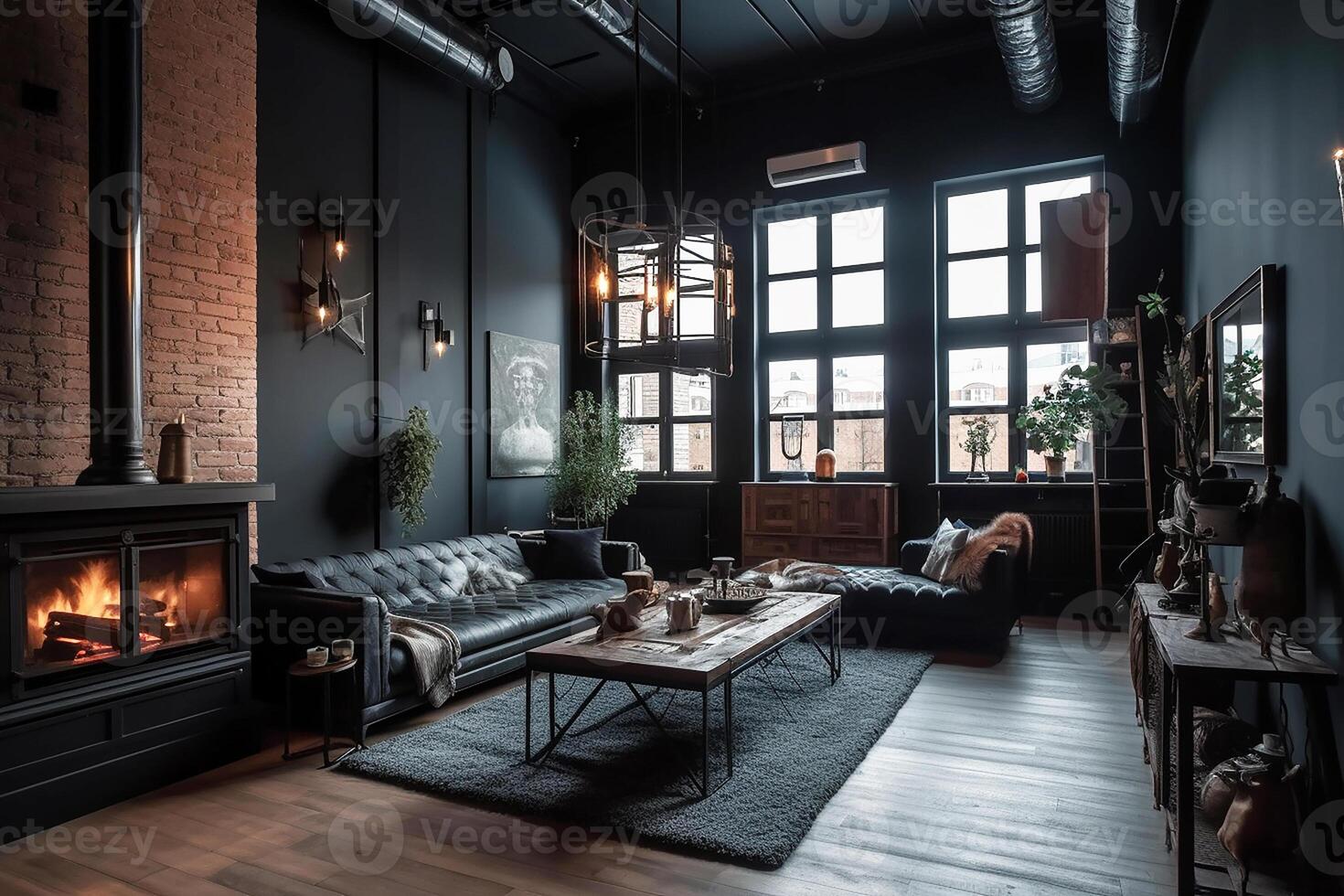 interiör av de levande rum, loft i ett industriell stil. generativ ai foto