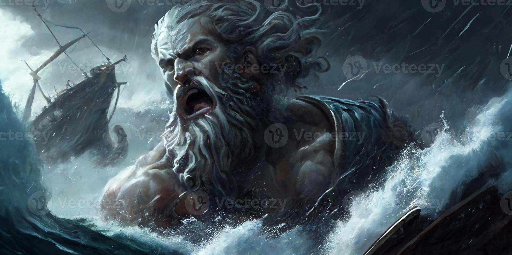 poseidon i en rasa sänkor de fartyg under en våldsam storm. konst sammansättning. generativ ai foto