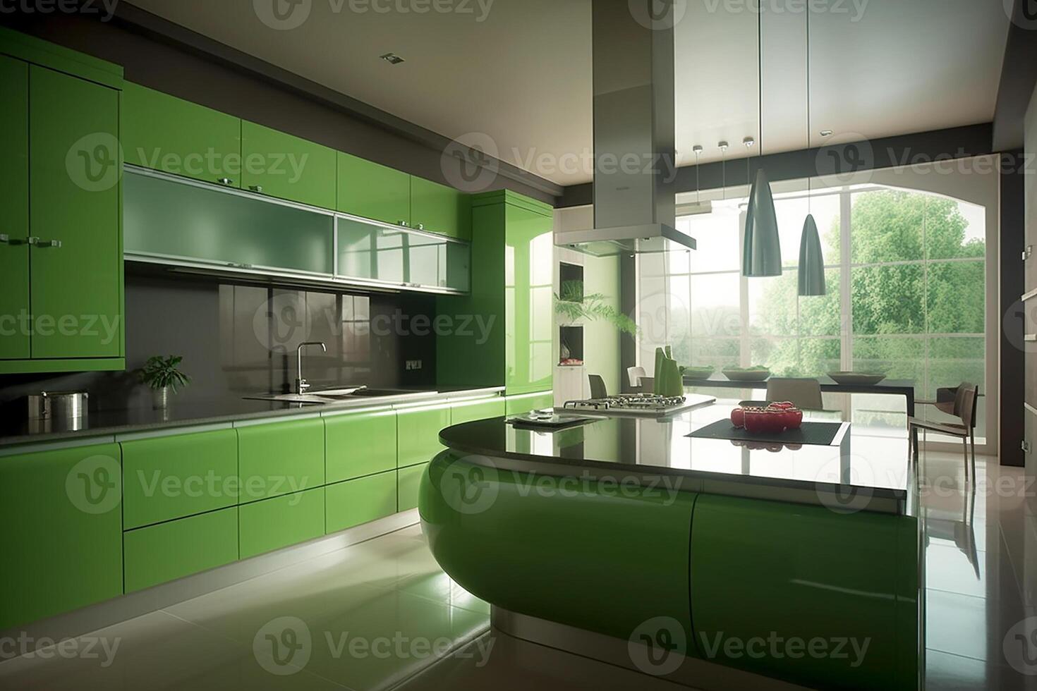 modern kök interiör, kök rum med en tabell i de mitten i grön. generativ ai foto
