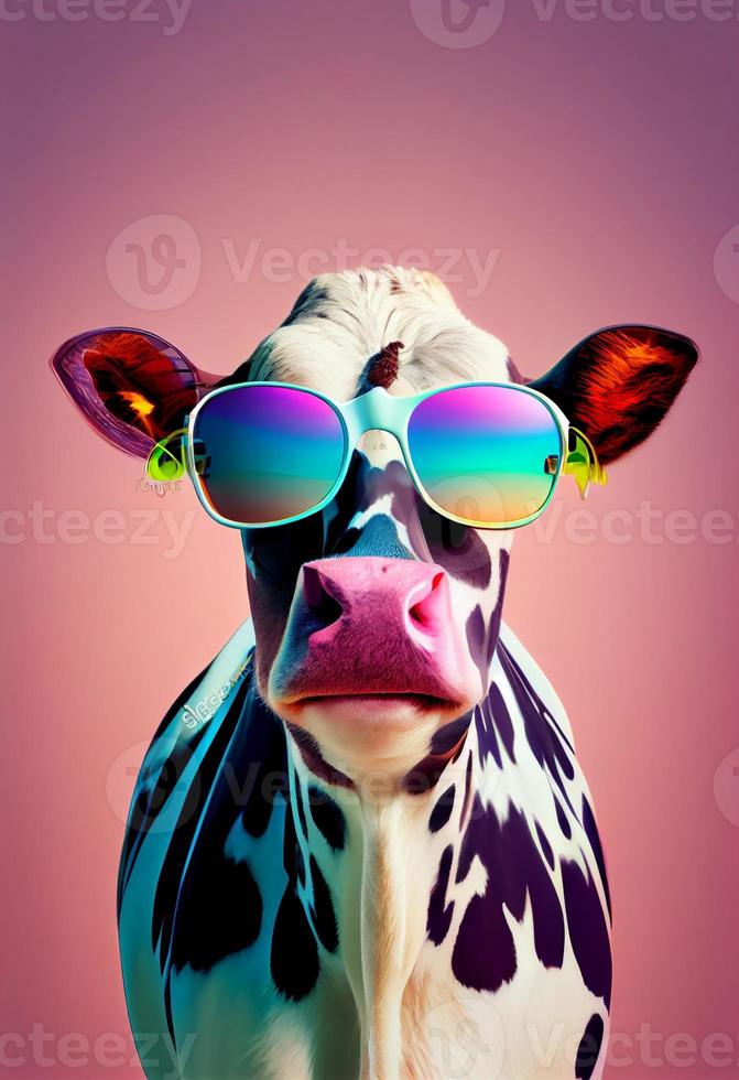 kreativ djur- sammansättning. ko bär nyanser solglasögon monokel isolerat. pastell lutning bakgrund. med text kopia Plats. generera ai foto