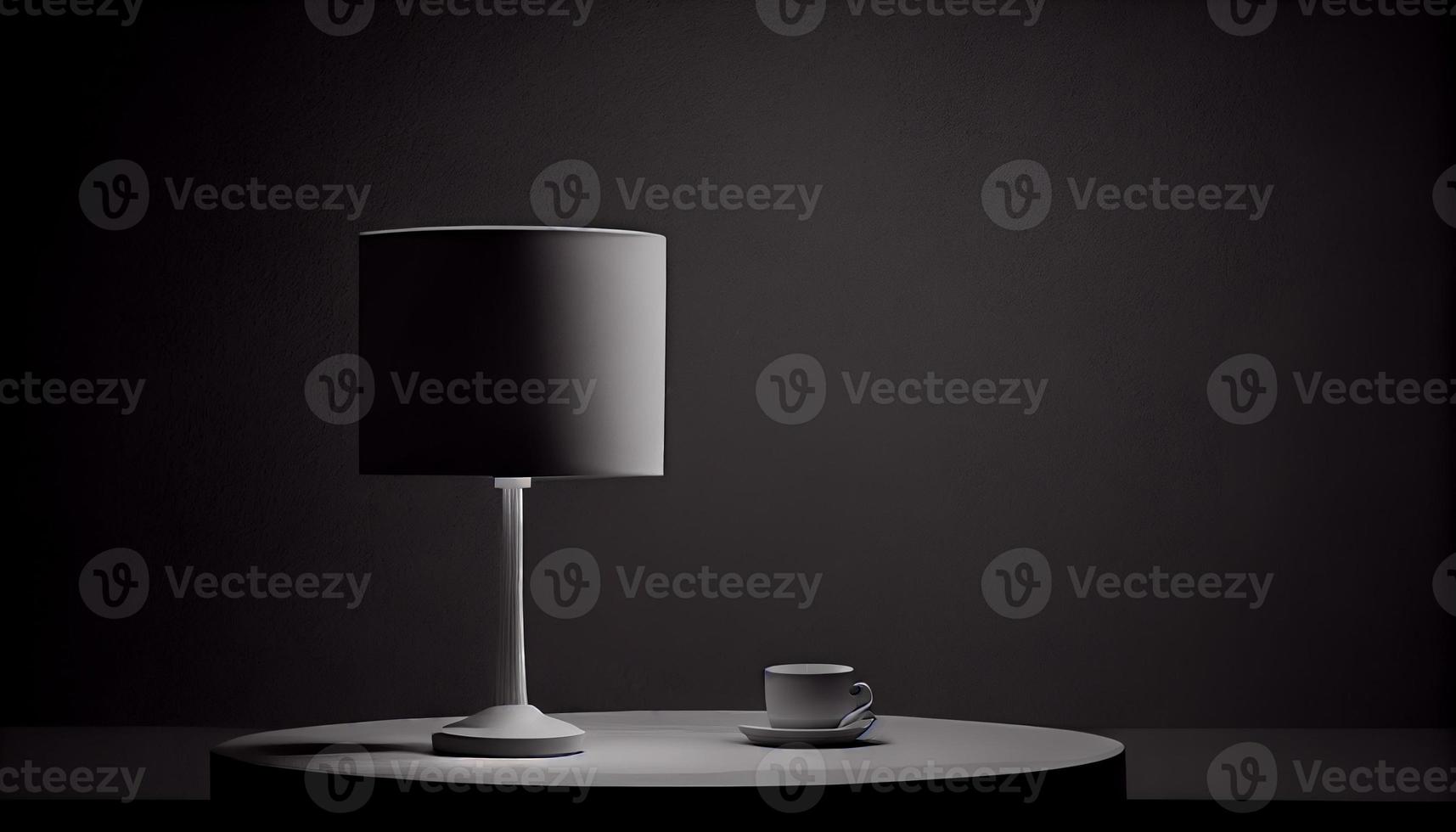 skön minimalistisk presentation bakgrund med en tabell och en vit lampa mot en svart texturerad vägg. generera ai. foto