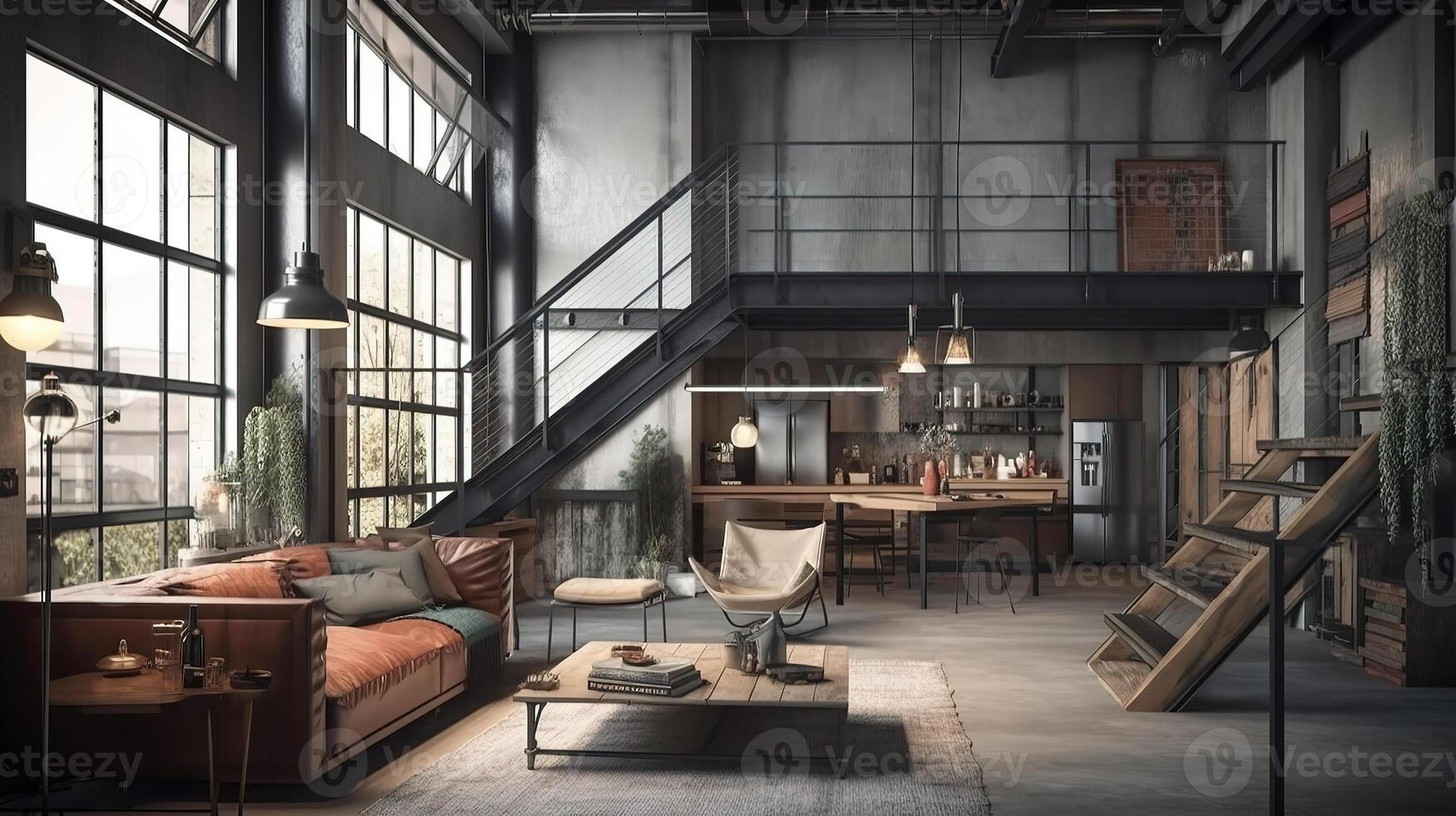 levande rum loft i industriell stil, 3d framställa. generativ ai foto