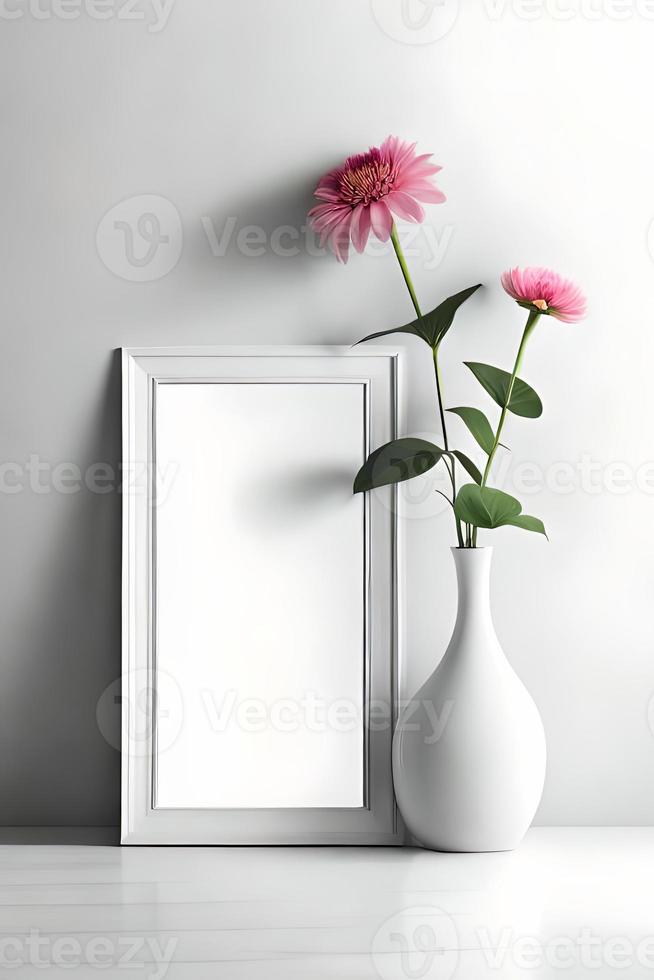 minimal vit bild ram duk visa med blomma i vas foto