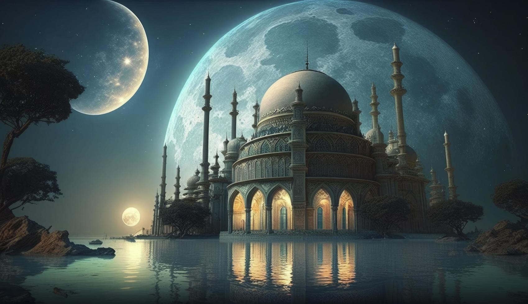 3d illustration av Fantastisk arkitektur design av muslim moské ramadan begrepp, illustration av Fantastisk arkitektur design av muslim moské ramadan begrepp, generera ai foto