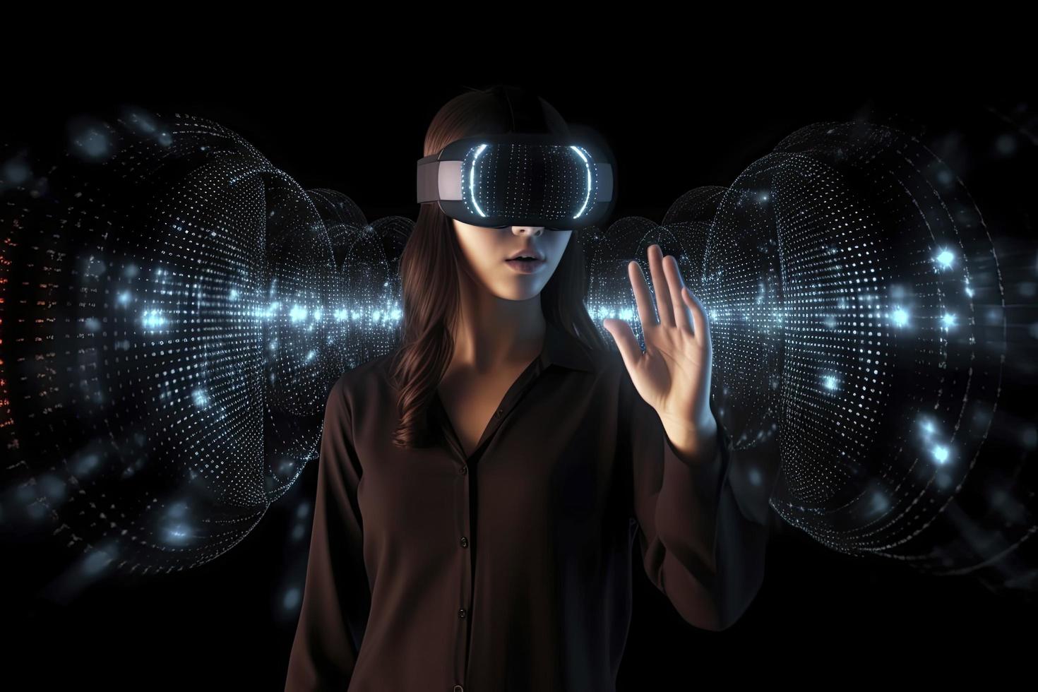 anime porträtt man cyborg med virtuell verklighet headsetet ansluten förbi kablar, rör, sonder, generera ai foto