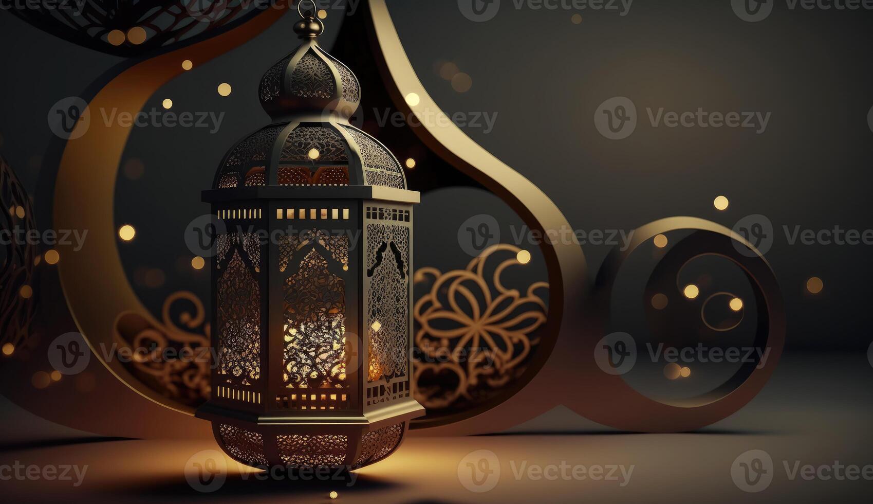 islamic Semester ramadan kareem händelse bakgrund, dekorera med arabicum lykta, måne, halvmåne, och moské kupol, festlig hälsning kort design, eid mubarak scen, med generativ ai. foto