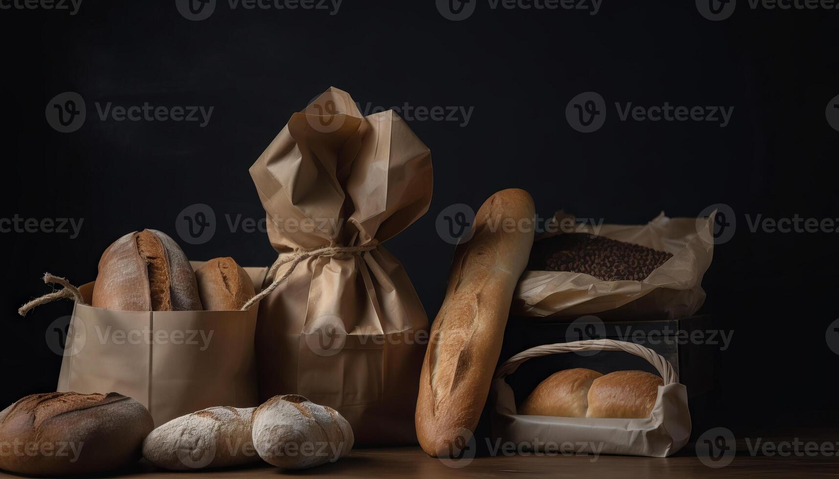 papper väska med bröd och korg av bakverk. generativ ai foto