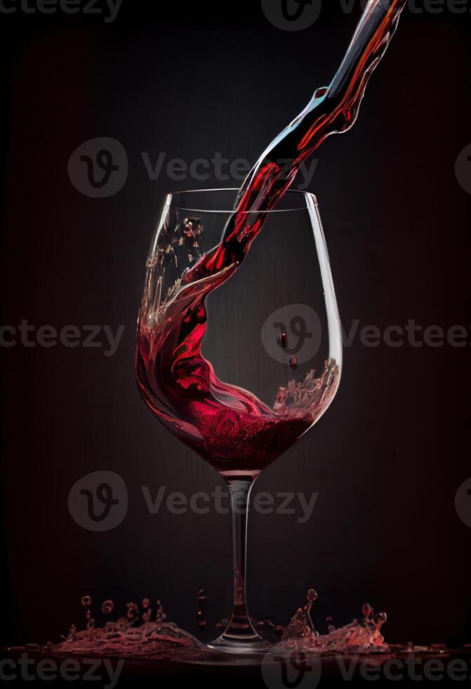 generativ ai illustration av röd vin är varelse hällde från flaska in i enkel vin glas, på en tabell med otrolig mat foto