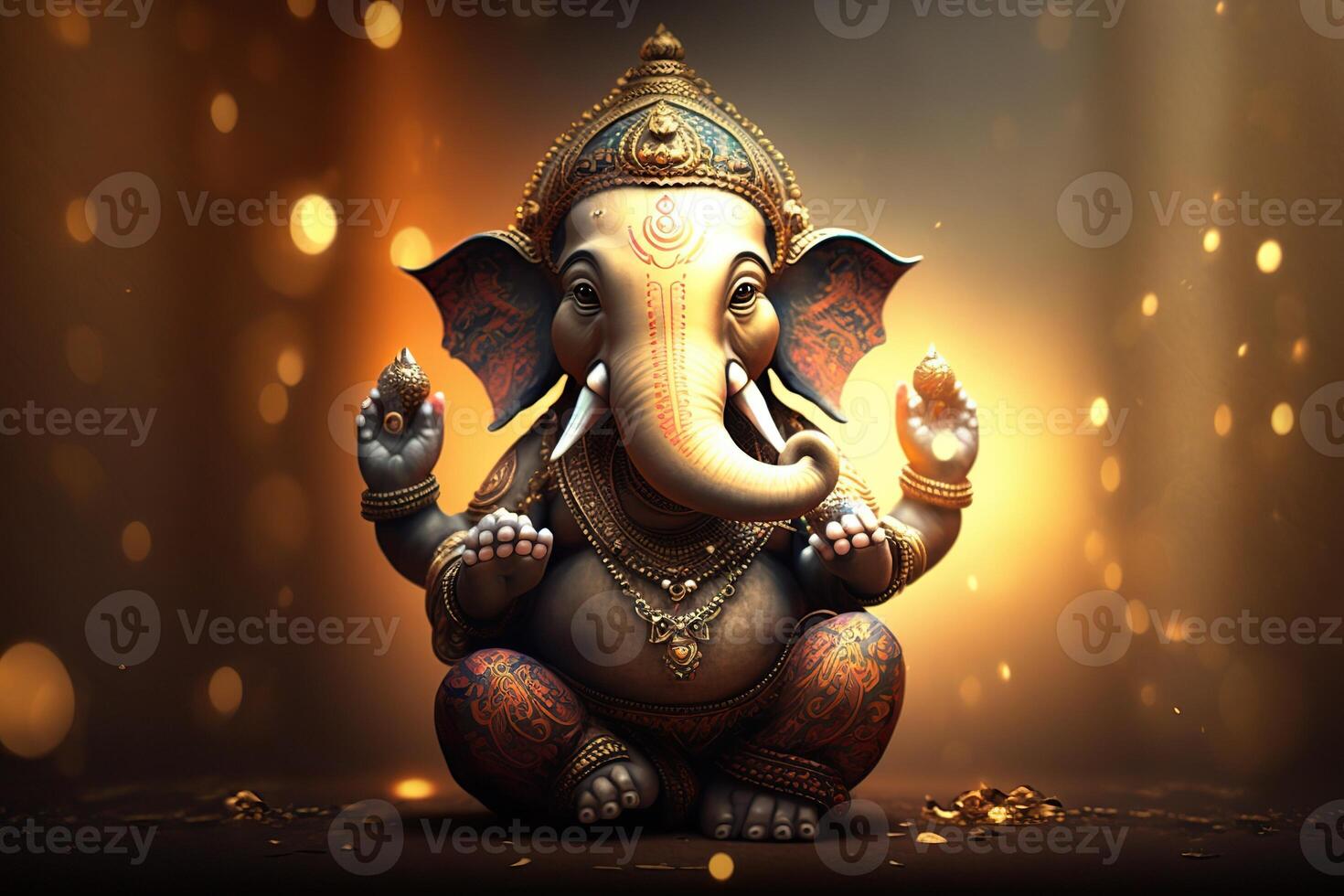 generativ ai illustration av ganesha hindu Gud , med blommor, olja målning tagen upp in i himmel, Sammanträde i främre av bokeh mandala bakgrund foto