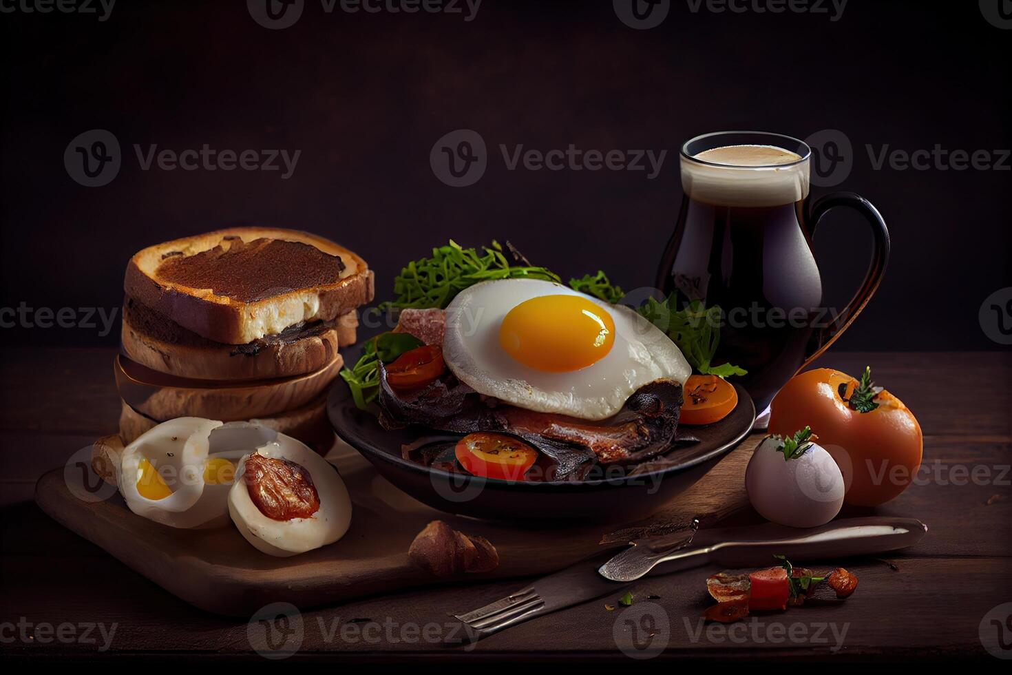 generativ ai illustration av friterad ägg och bacon och hash brunt och svart pudding och svamp och rostat bröd... foto