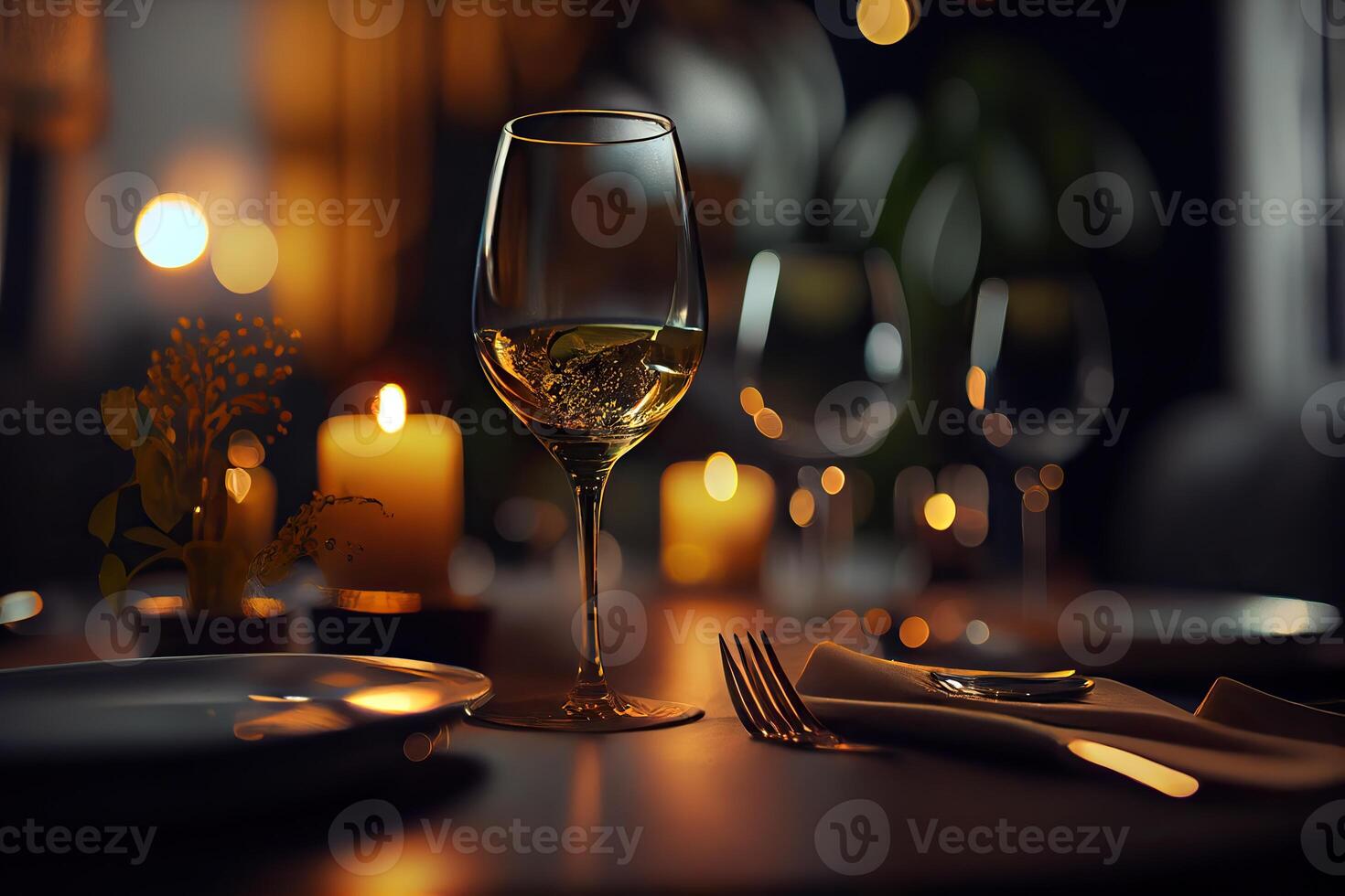 generativ ai illustration av en restaurang tabell med en glas av vit vin, mjuk gyllene ljus, dyr restaurang med skön lampor i de bakgrund foto