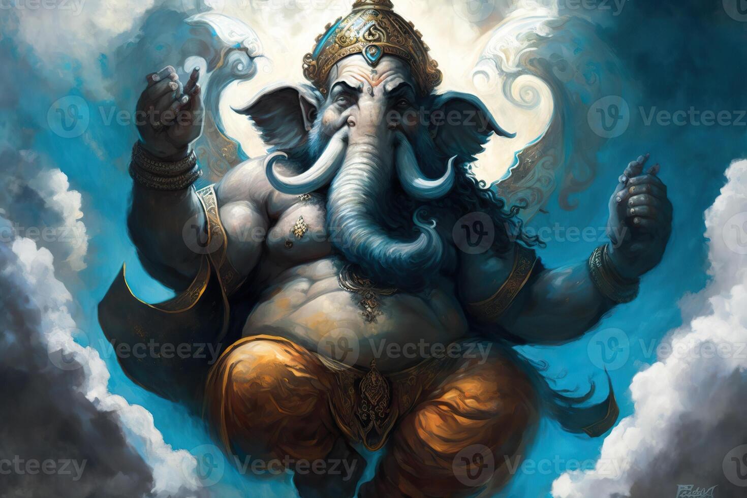 generativ ai illustration av ganesha hindu Gud , med blommor, olja målning tagen upp in i himmel, Sammanträde i främre av bokeh mandala bakgrund foto