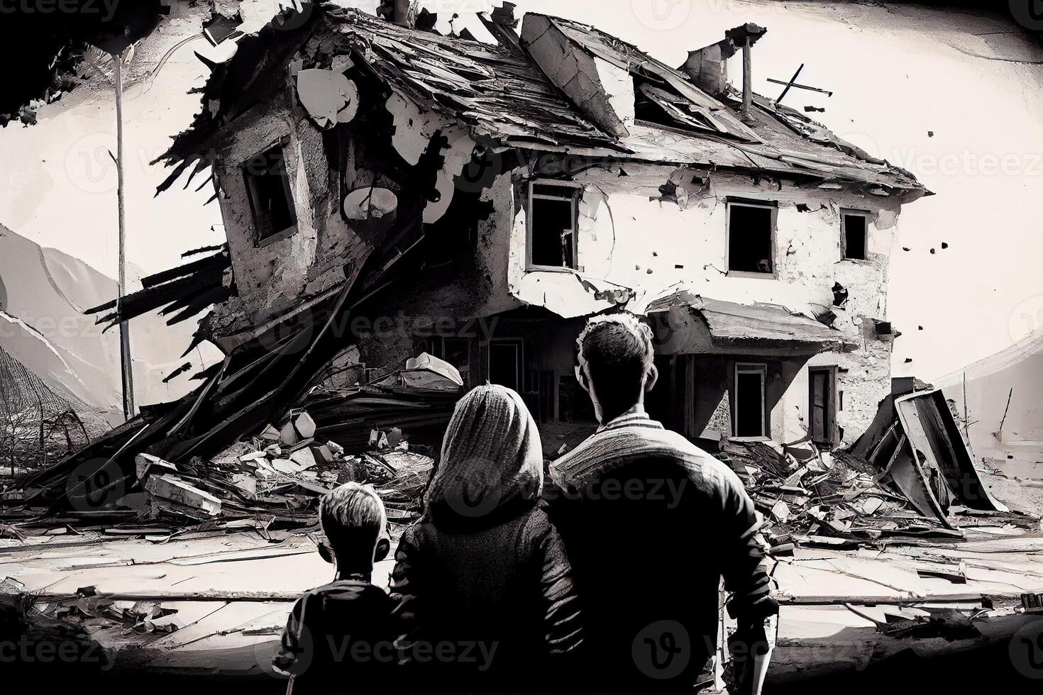 generativ ai illustration av en familj stående i främre av kollaps byggnader område, naturlig katastrof eller krig offer foto