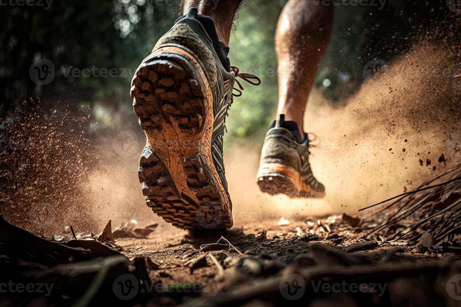 generativ ai illustration av närbild på de löpare fötter är löpning på de smuts rutt på de djungel, gata och väg. spår löpning sport verkan och mänsklig utmaning begrepp foto