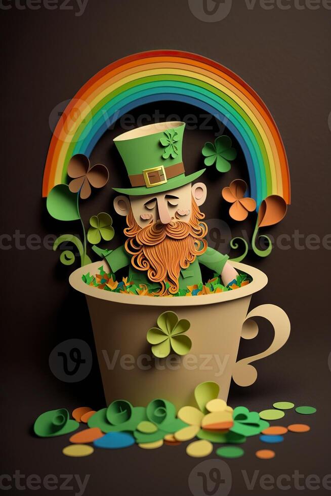 generativ ai illustration av nyckfull irländsk tecknad serie, sharock, öl, grön, pott av guld, Lycklig st patrick dag, quilling papper skära konst foto