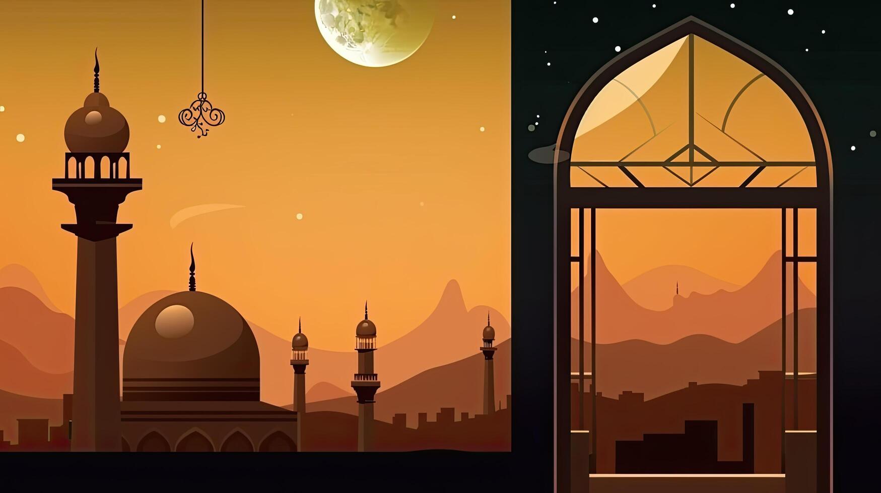 islamic bakgrund med lykta, måne, och moskén. ai genererad foto