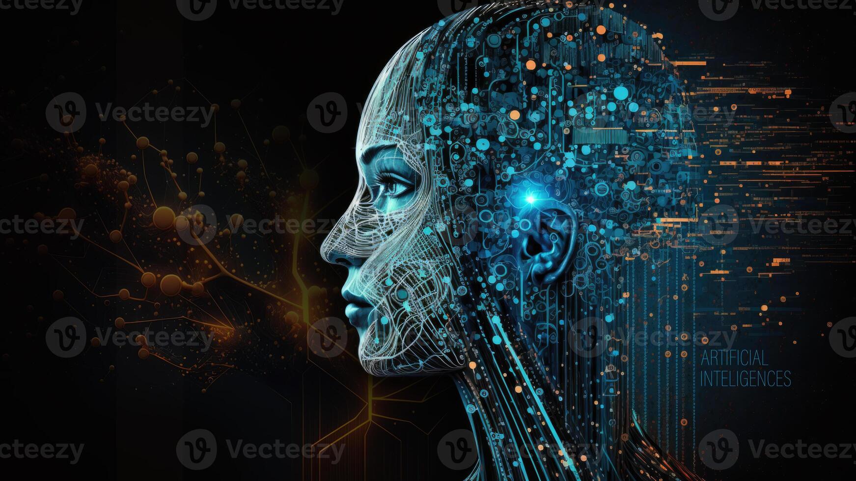 artificiell intelligens i humanoid huvud med neuralt nätverk tänker. teknologi bakgrund begrepp, trogen bakgrund. ai genererad foto