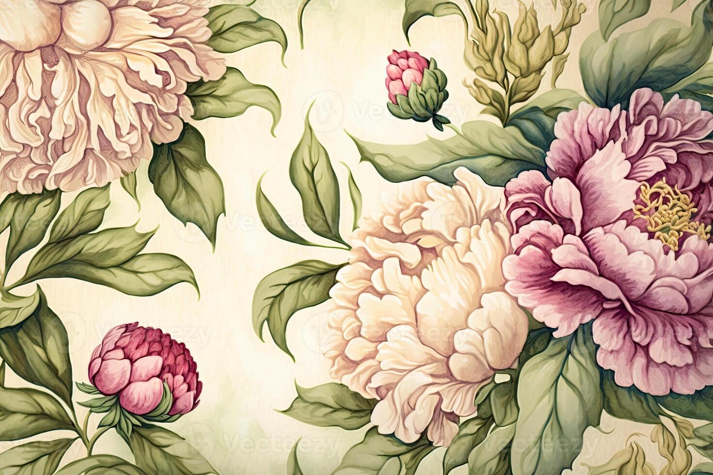 sömlös blommig mönster med pioner, pastell vattenfärg. illustration. generativ ai foto