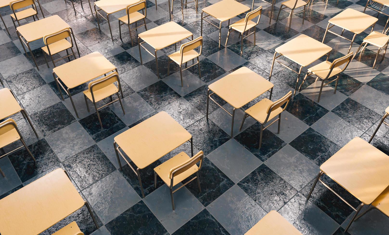 mönster av skrivbord i ett klassrum sett ovanifrån foto