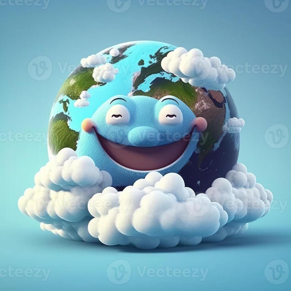 3d rolig tecknad serie planet jord omgiven förbi moln, generativ ai foto