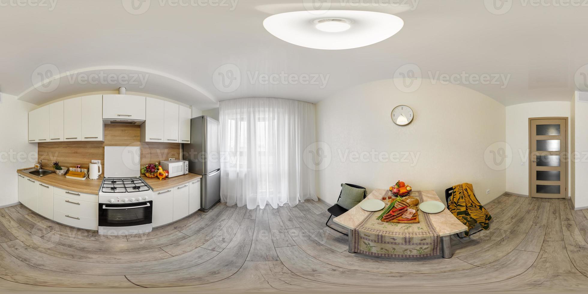 full sömlös sfärisk hdri 360 panorama se i interiör av vit kök i modern platt lägenheter i likriktad utsprång, vr innehåll foto