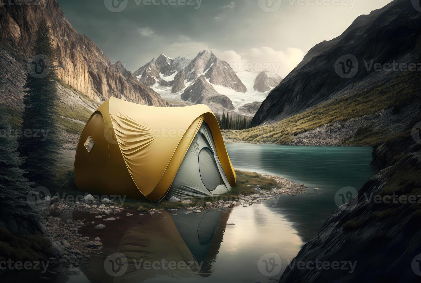berg landskap med läger tält. generativ ai foto