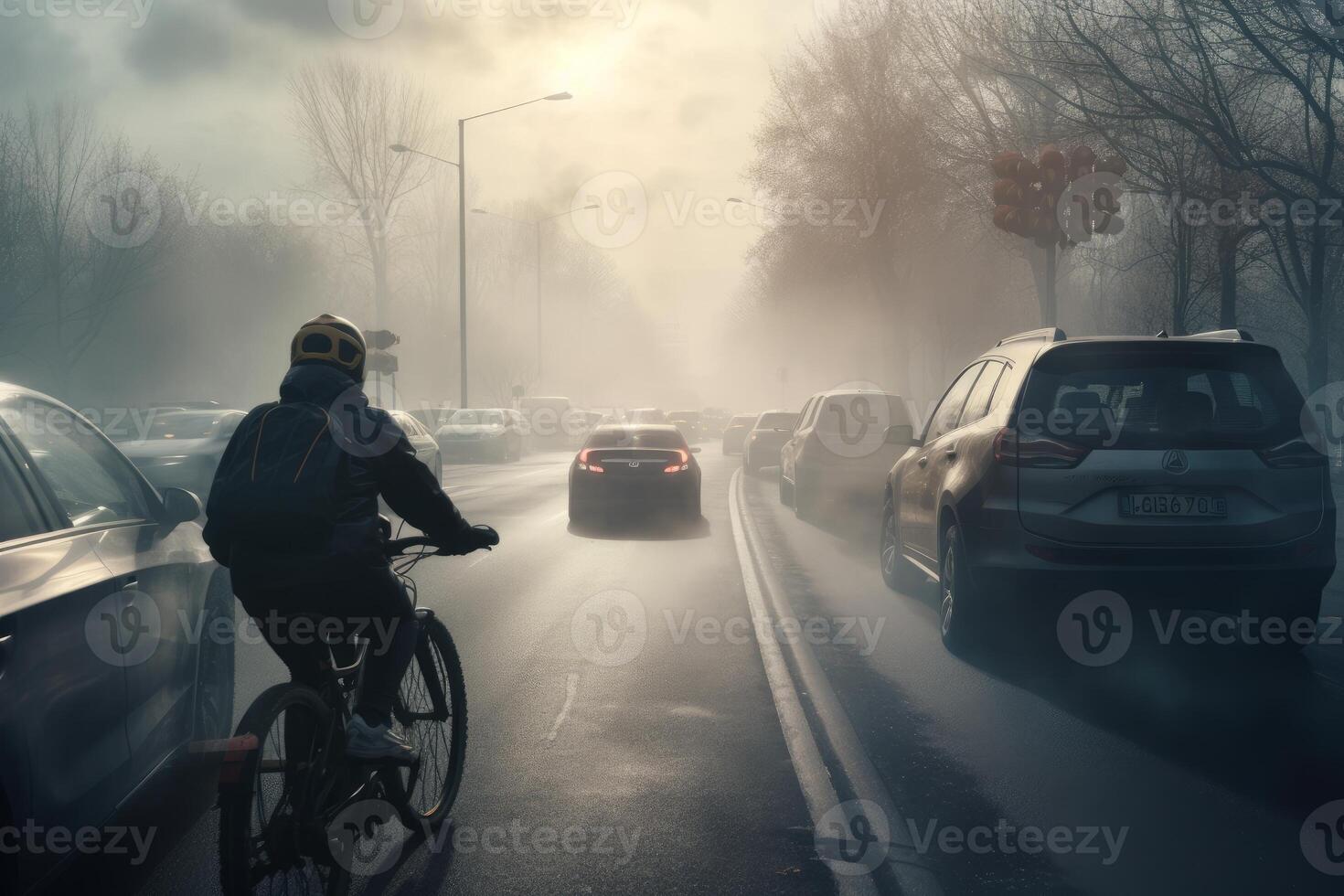 ett stimulerande bild av en cyklist ridning i dimmig väg generativ ai foto